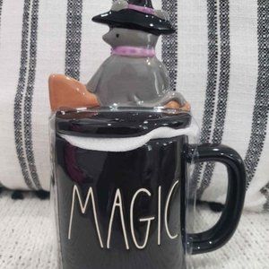 Rae Dunn "MAGIC" Black Mug & Cat On A Broom Stick Lid Warmer Collection